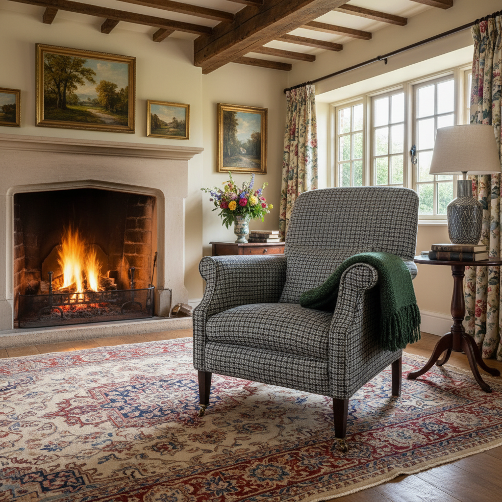 Chaise Bowmore en Harris Tweed authentique motif Ébène Houndstooth