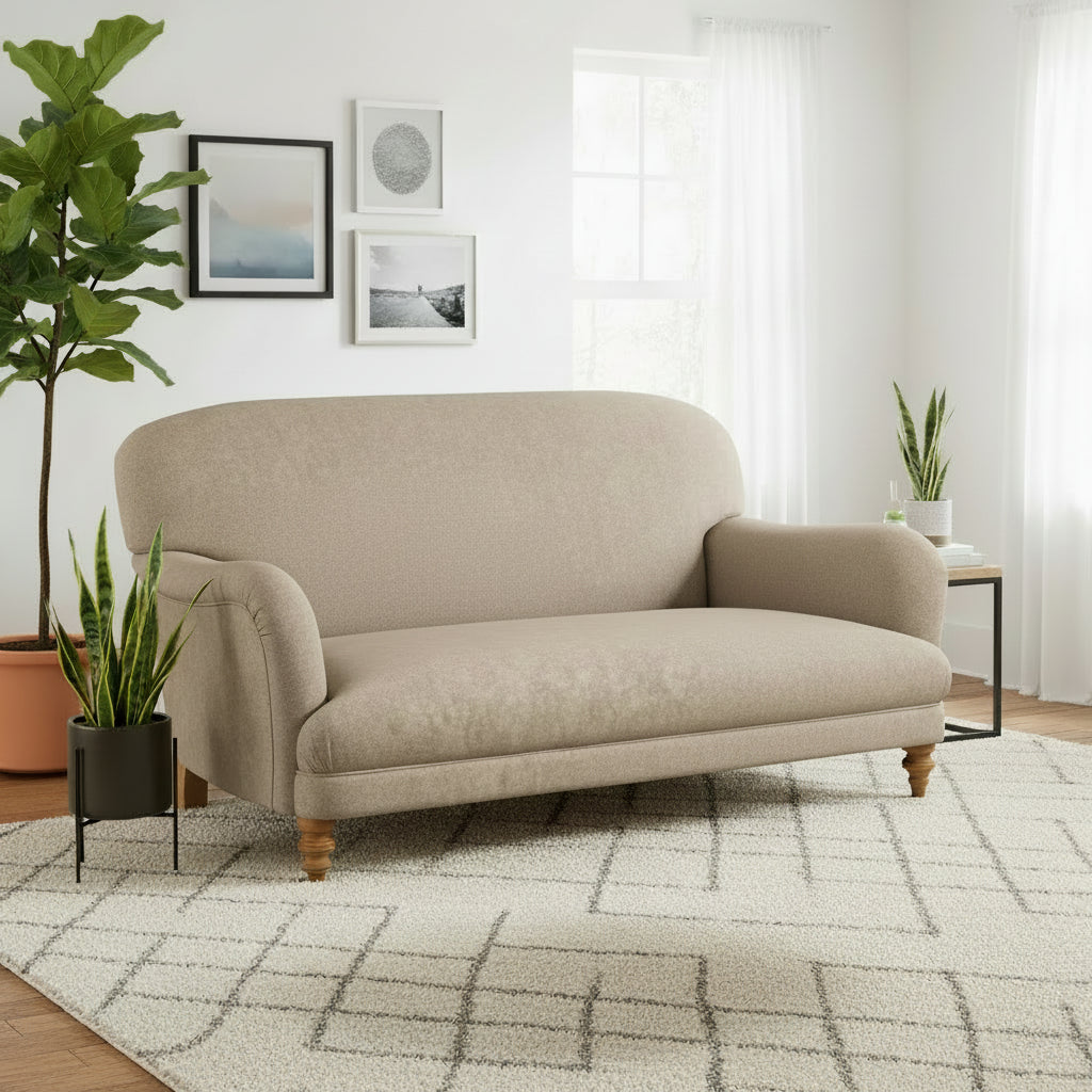 Braemar Petit Sofa in Heather Harris Tweed with Brompton Tan Piping