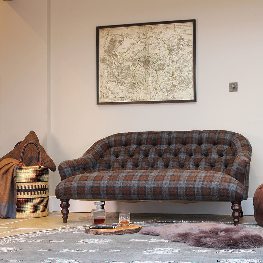 Arbelour Petit Sofa in Macallan Check Fabric with Dark Mahogany Feet