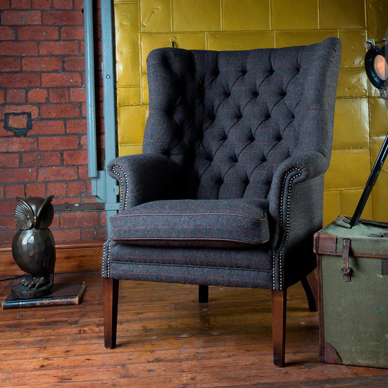 Chaise Mackenzie en tissu Oban Check Iris Harris Tweed