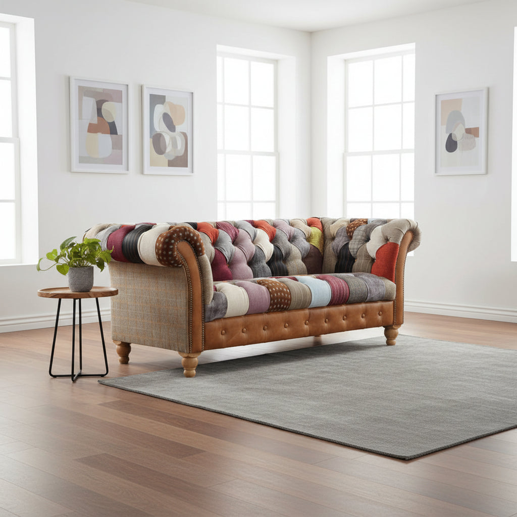 Canapé Chesterfield 2 places Harlequin Patchwork Harris Tweed