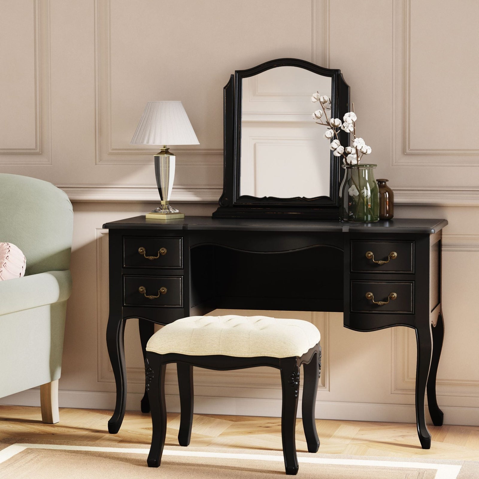 Ensemble de coiffeuse et tabouret Montpellier en noir
