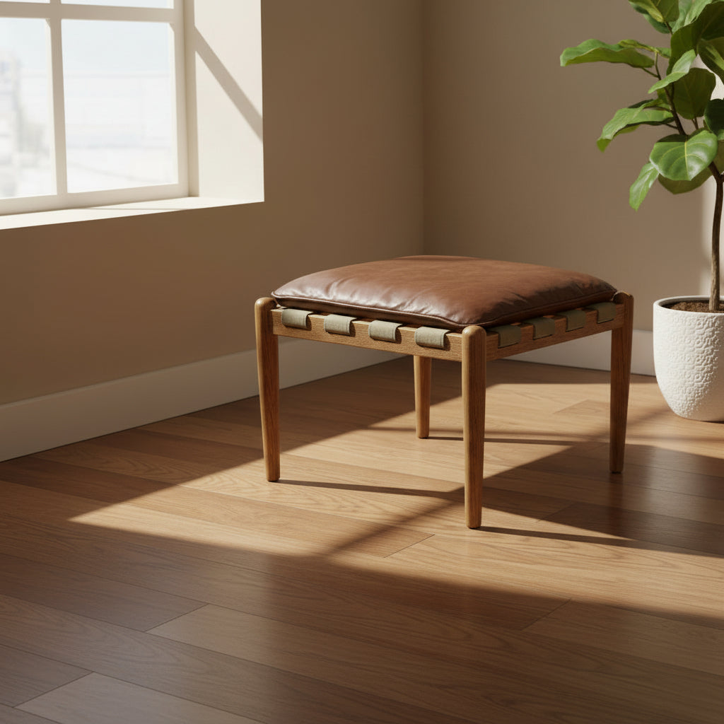 Salisbury Stool in Washed Green Canvas and Leather