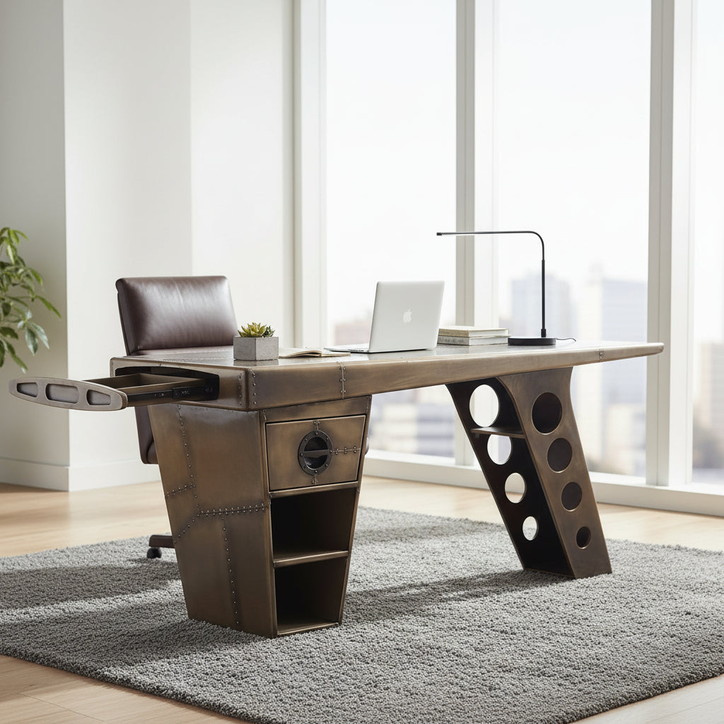 - Bureau Aviator à demi-ailes avec finition vieilli en laiton