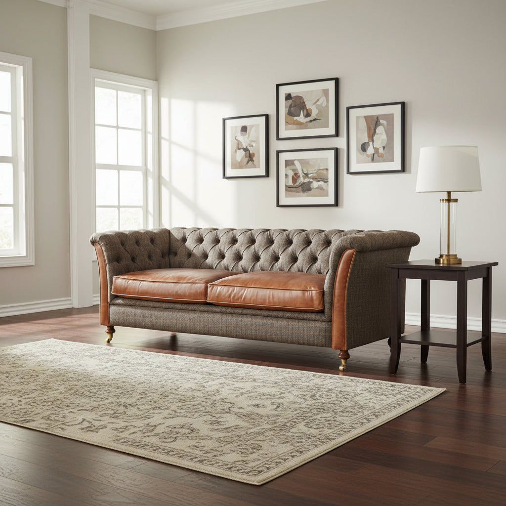 - Sofa Granby 3 places en revêtement Moreland Harris Tweed et cuir