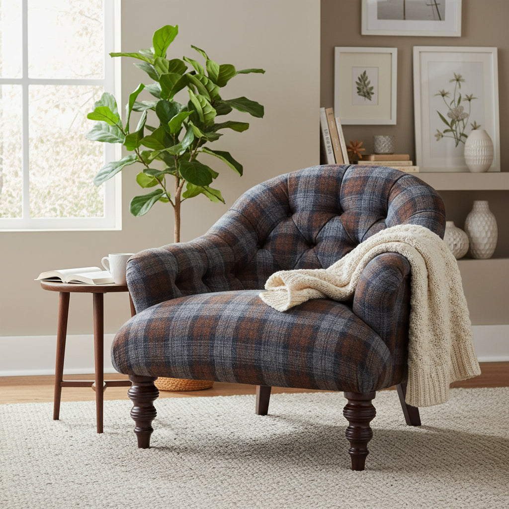 Fauteuil Arbelour en Tissu Macallan à Carreaux avec Pieds en Acajou Foncé