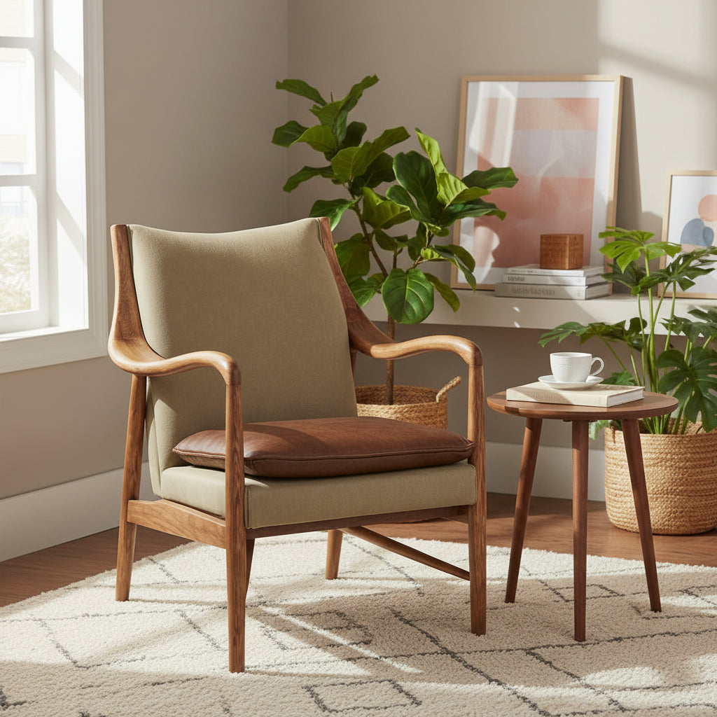 Fauteuil de Repos Salisbury en Toile Lavée Vert Anis et Cuir