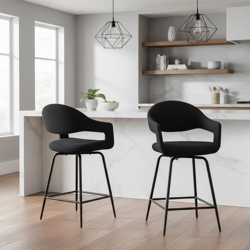 Baker Pair of Jasmine Bar Chairs in Black Boucle